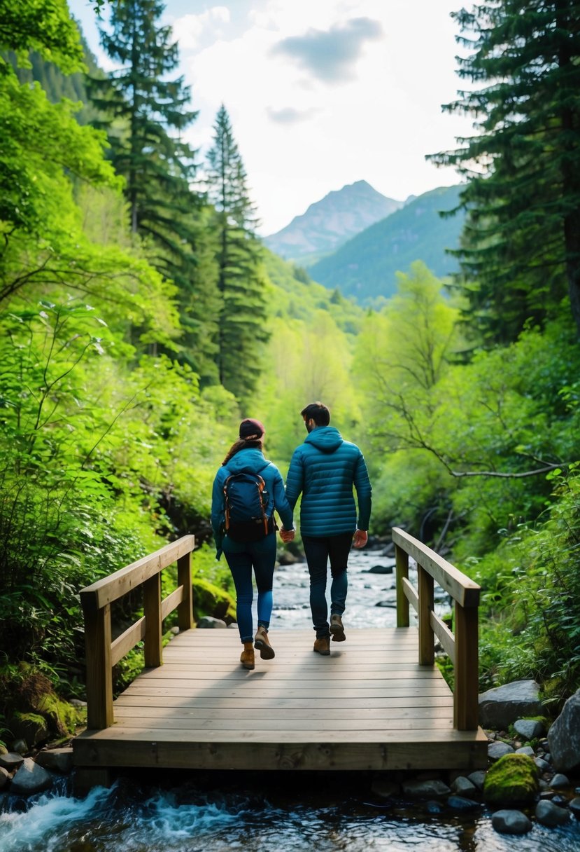 A couple hikes through a lush forest, crossing a wooden bridge over a glistening stream, with mountains in the distance