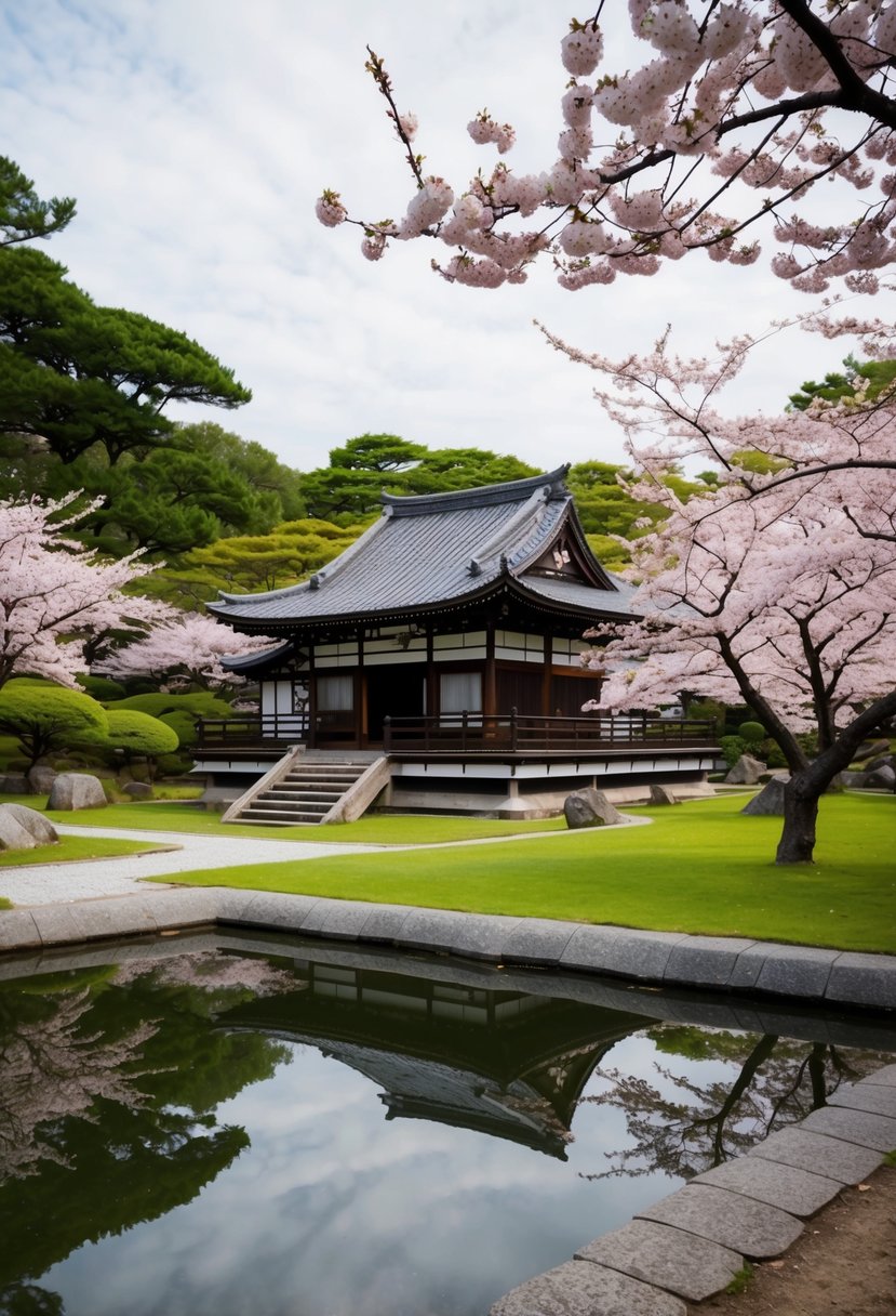 A serene Kyoto garden with traditional tea house and cherry blossom trees