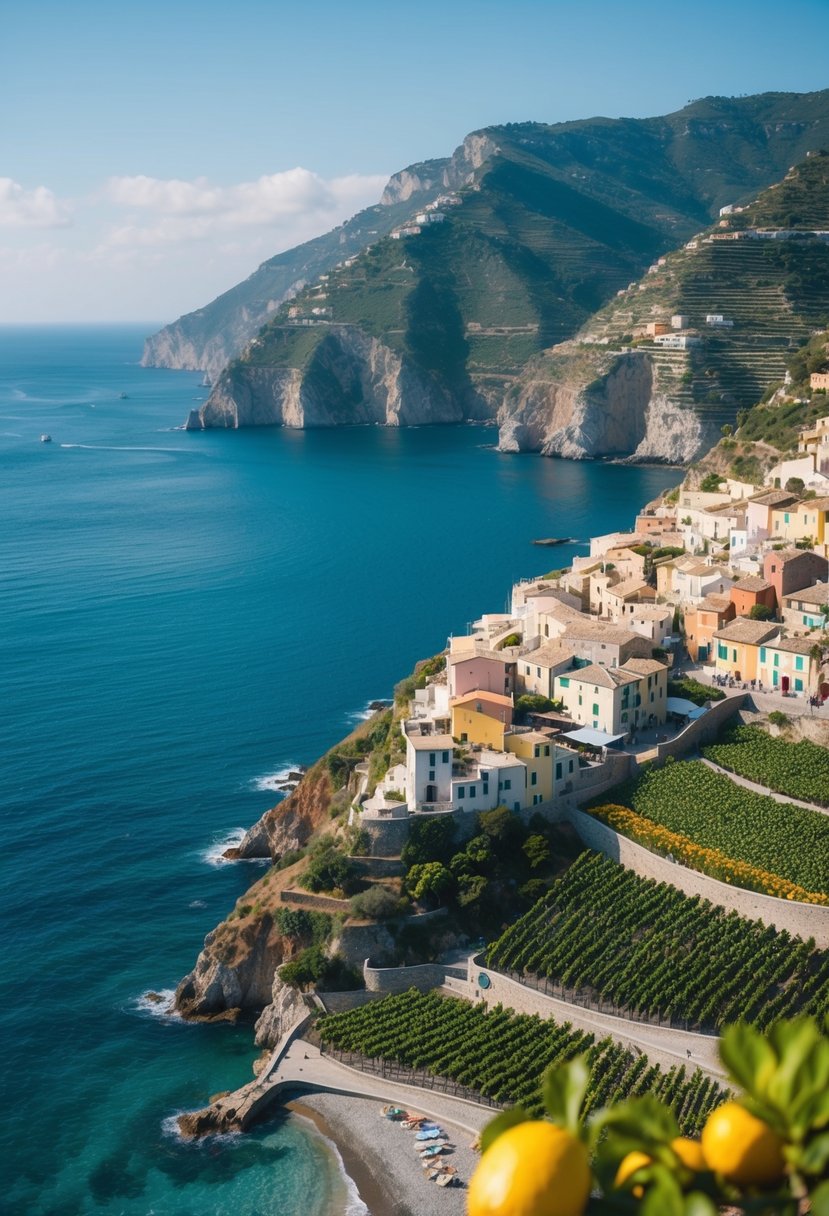 A colorful coastal village nestled between steep cliffs and the sparkling blue sea, with terraced vineyards and lemon groves dotting the landscape
