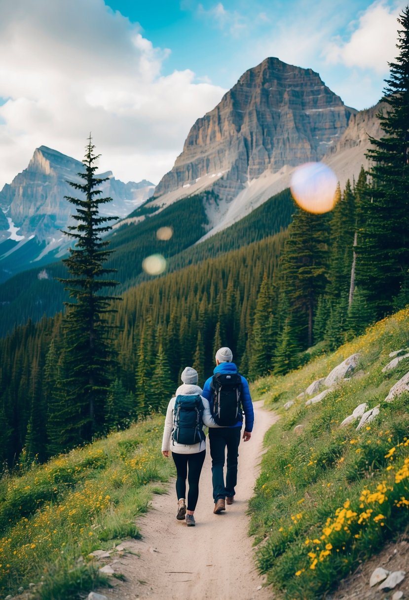 A couple hikes along a mountain trail in Banff National Park, Canada, surrounded by towering peaks and lush forests