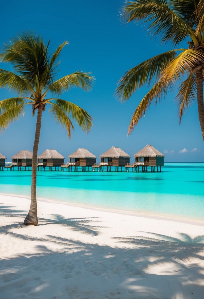 Crystal-clear turquoise waters surround overwater bungalows on a white sandy beach in the Maldives. Palm trees sway in the gentle breeze under a clear blue sky