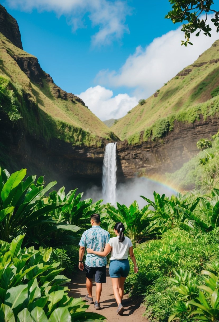 A couple hikes through lush greenery in Maui, Hawaii, with a waterfall in the background and a clear blue sky overhead