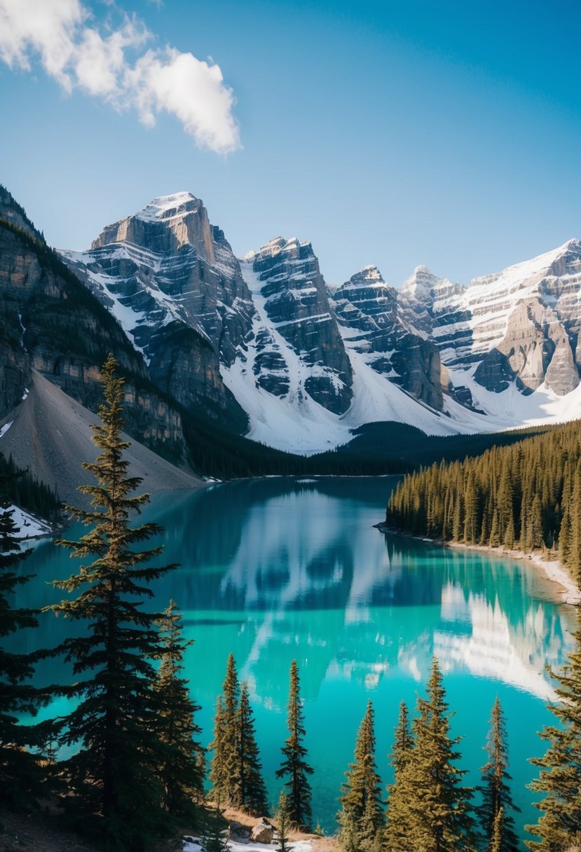 A picturesque view of Banff, Canada with snow-capped mountains, a crystal-clear lake, and lush evergreen forests