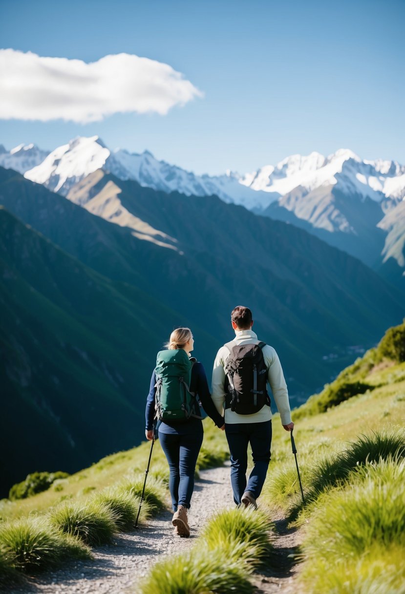 A couple hikes through lush green mountains in Queenstown, New Zealand, with snow-capped peaks in the distance