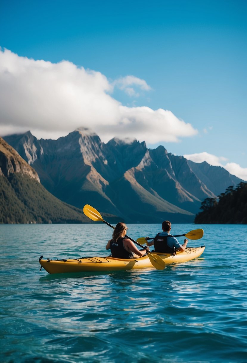 A couple kayaking on the crystal blue waters of Lake Wakatipu, with the stunning Remarkables mountain range in the background