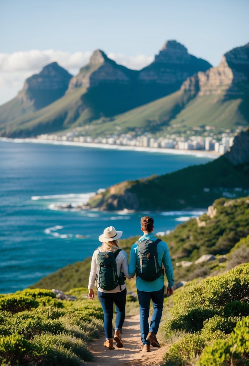 A couple hikes through lush green mountains overlooking the ocean in Cape Town, South Africa