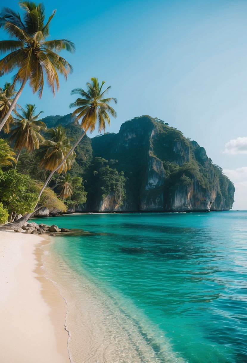 A serene beach with crystal-clear waters and lush palm trees, overlooking the picturesque cliffs of Bali, Indonesia