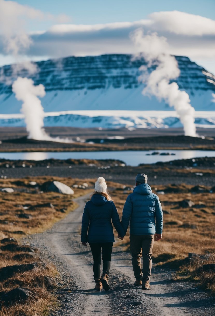 A couple hikes through rugged Icelandic landscape near Reykjavik, with snow-capped mountains and geothermal steam rising in the distance