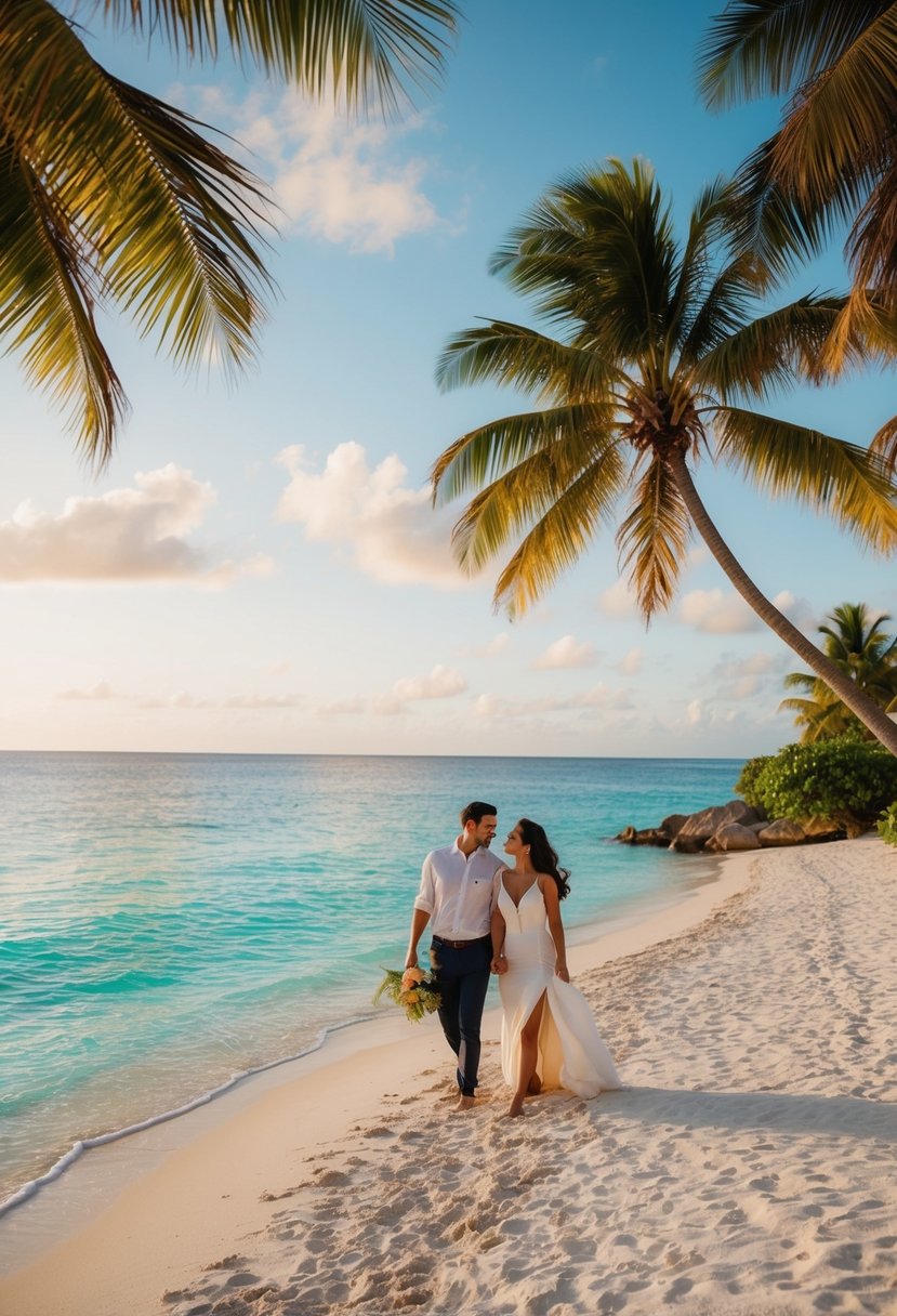 Tropical beach with crystal-clear waters, palm trees, and white sand. A couple enjoys a romantic sunset walk along the shore