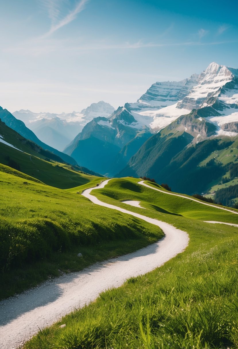 A serene mountain landscape with snow-capped peaks, lush green meadows, and winding hiking trails in the Swiss Alps