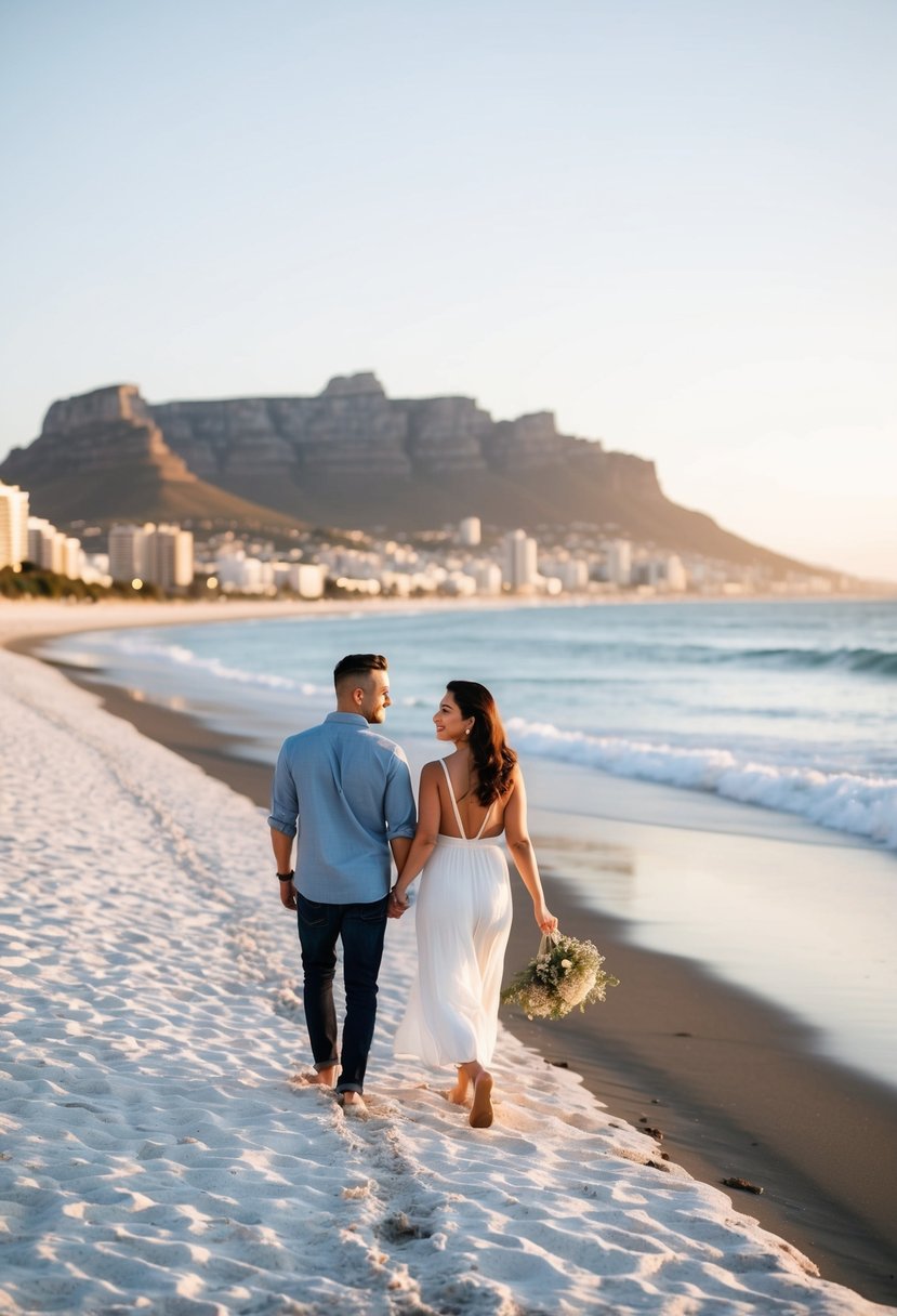 A couple strolling along the white sandy beaches of Cape Town, with Table Mountain in the background and the sun setting over the ocean
