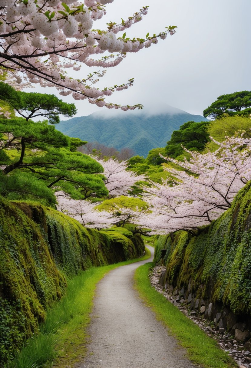 A serene forest trail in Kyoto, Japan, winding through lush greenery and blooming cherry blossoms, with a backdrop of misty mountains