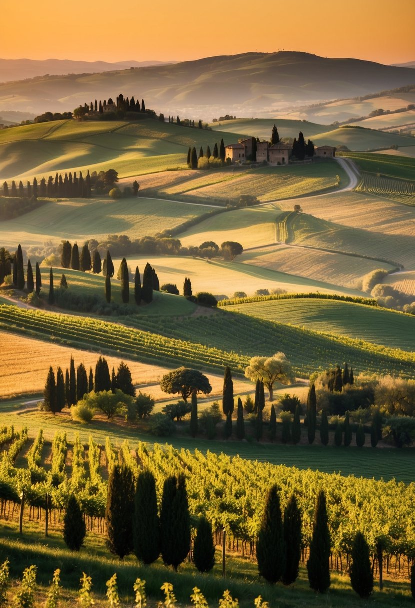 Rolling hills, vineyards, and cypress trees dot the picturesque landscape of Tuscany, Italy, with a warm, golden sunset casting a romantic glow over the countryside