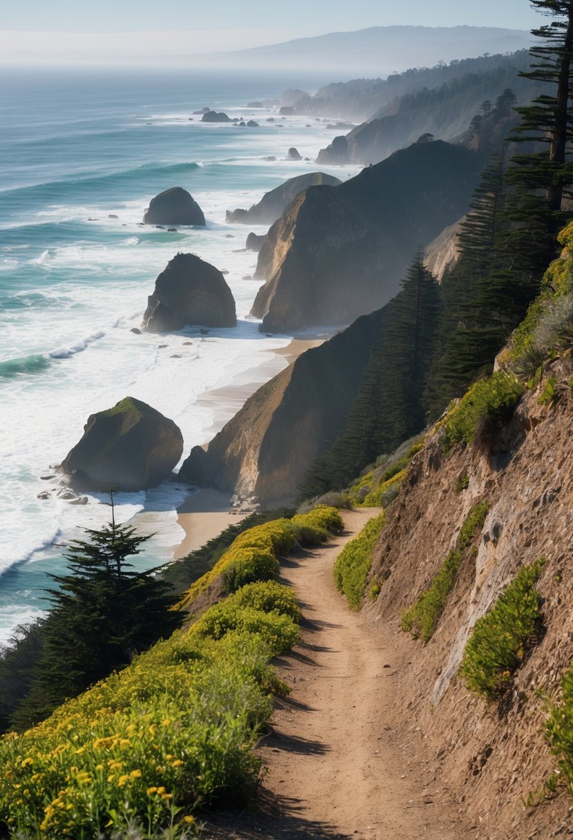 A rugged coastal trail winds through Big Sur's dramatic cliffs and lush forests, offering breathtaking views of the Pacific Ocean