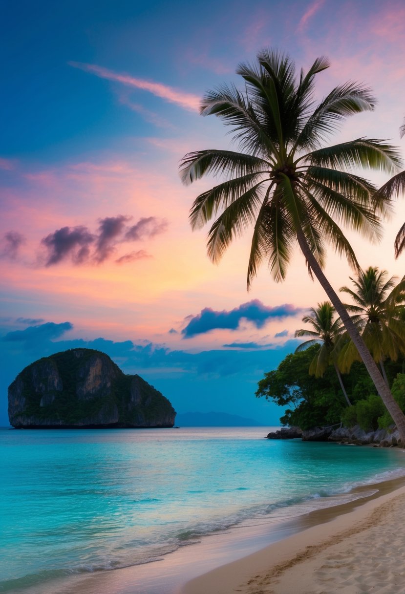 A serene beach at sunset, with palm trees, clear blue waters, and a colorful sky, making Phuket, Thailand a great honeymoon destination