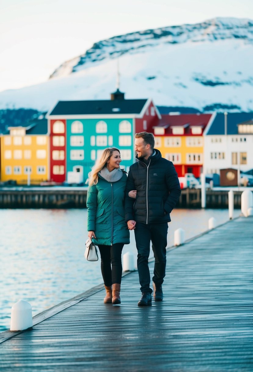 A couple strolling along a scenic waterfront in Reykjavik, with colorful buildings and snow-capped mountains in the background