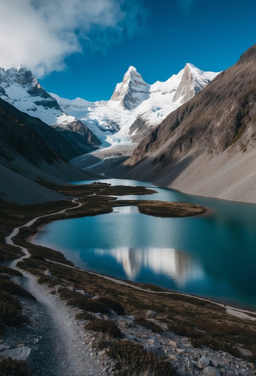 A rugged Patagonian landscape with snow-capped mountains, winding trails, and crystal-clear lakes, perfect for a romantic hiking honeymoon