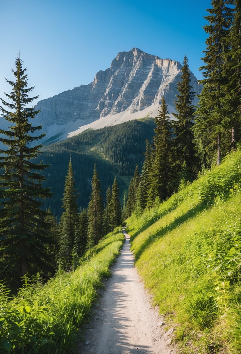A serene mountain trail in Whistler, Canada, with lush greenery, towering trees, and a clear blue sky