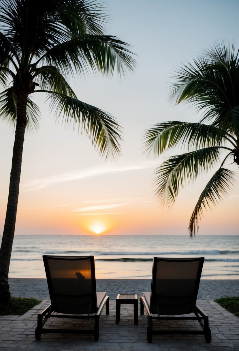 A tranquil beach at sunset, with palm trees and a couple of lounge chairs facing the ocean. A gentle breeze rustles the leaves and the sound of waves can be heard in the distance