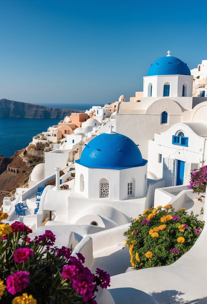 White-washed buildings with blue domes overlook the crystal-clear waters of Santorini, surrounded by colorful flowers and breathtaking views