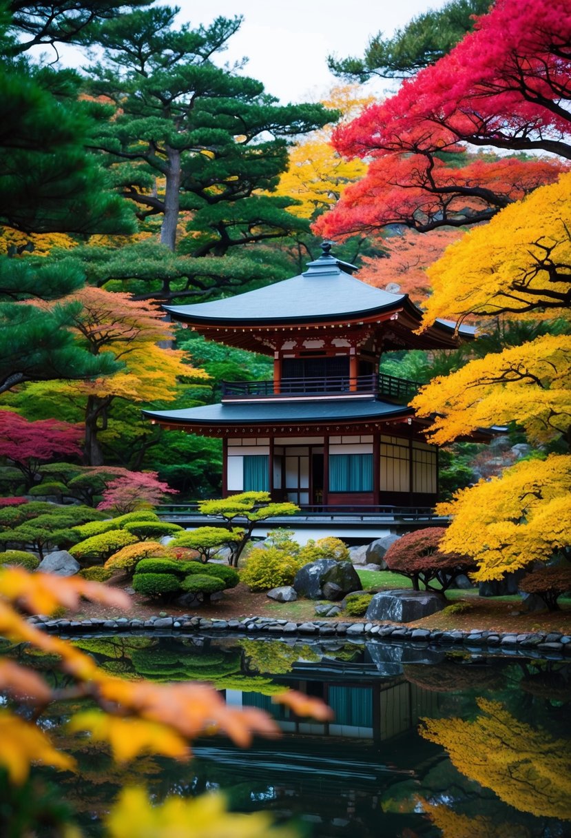 A serene Kyoto garden with vibrant autumn foliage and a traditional Japanese teahouse nestled among the trees