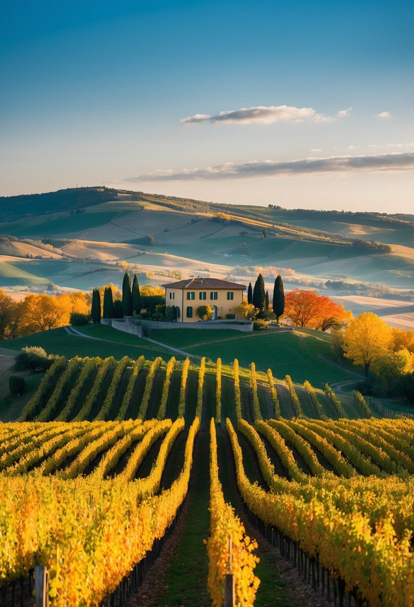 Rolling vineyards with vibrant autumn foliage, a charming Tuscan villa nestled among the hills, and a clear blue sky overhead
