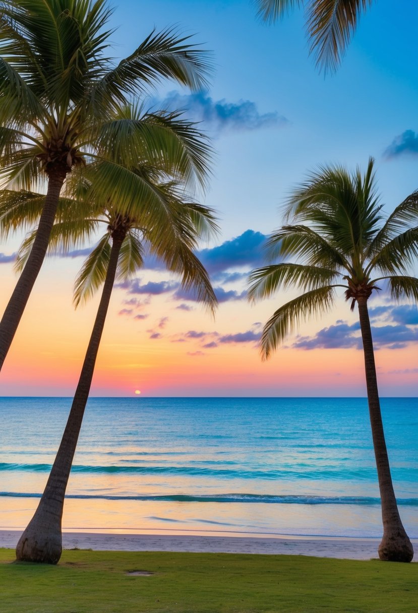 A serene beach with palm trees, clear blue water, and a colorful sunset sky