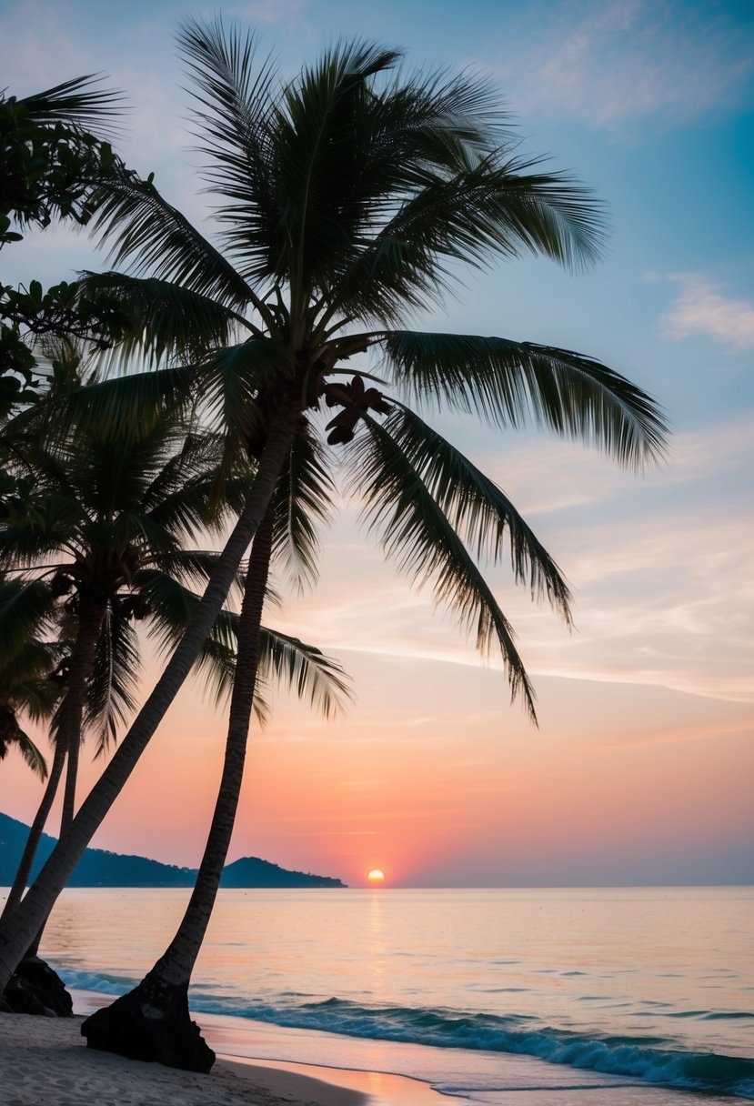 A serene beach with palm trees and a colorful sunset over the ocean in Bali, Indonesia