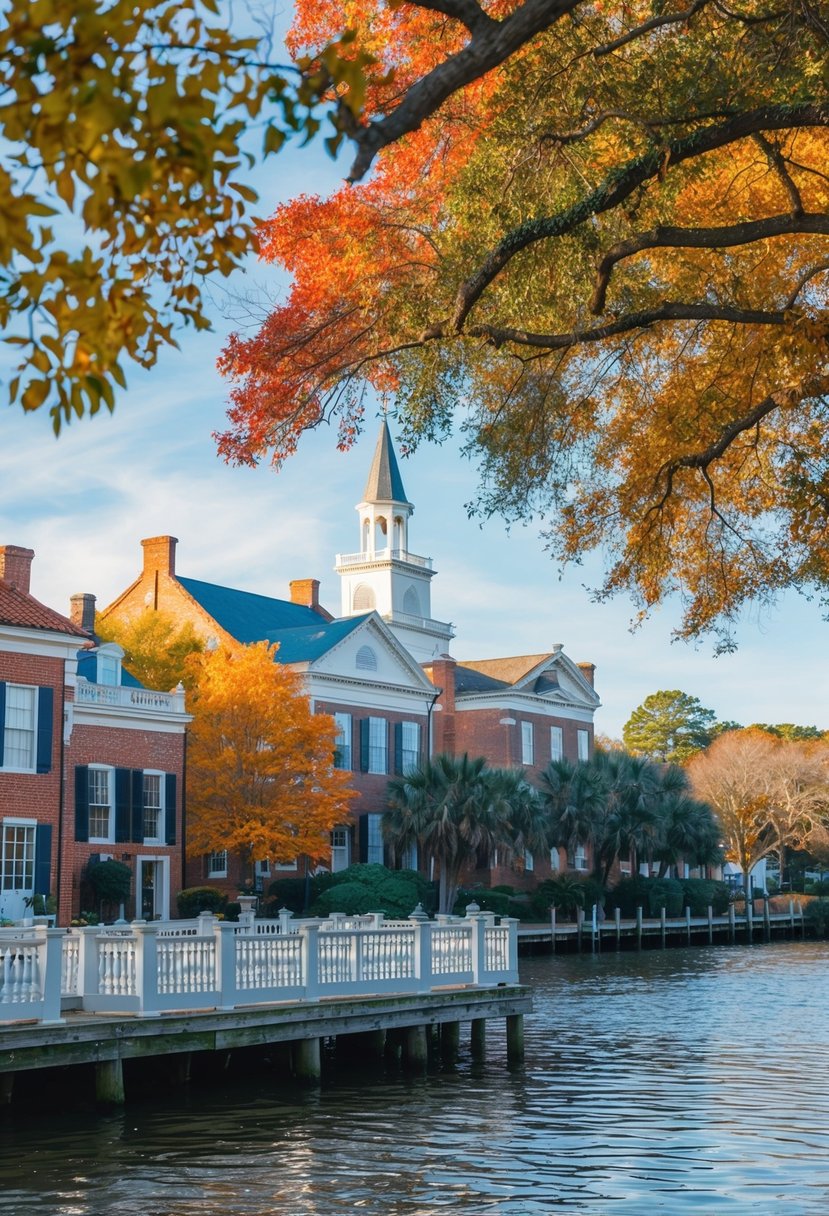 A picturesque waterfront scene in Charleston, South Carolina, with colorful autumn foliage, historic architecture, and a serene atmosphere