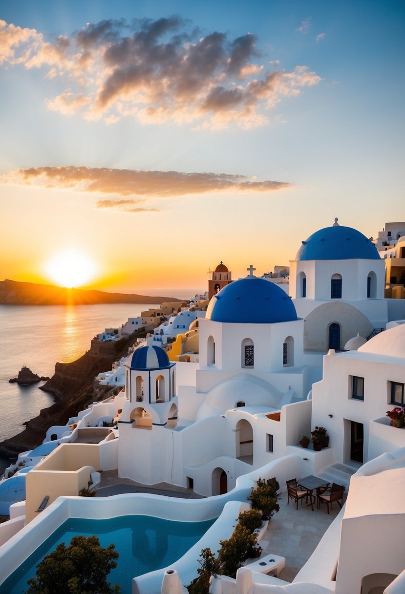 The sun sets over the picturesque white buildings of Santorini, casting a warm glow over the island's iconic blue domes and crystal-clear waters