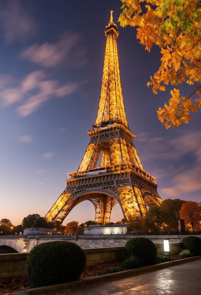 A romantic view of the Eiffel Tower at night, with colorful autumn foliage and a clear sky, capturing the essence of a Parisian honeymoon in October
