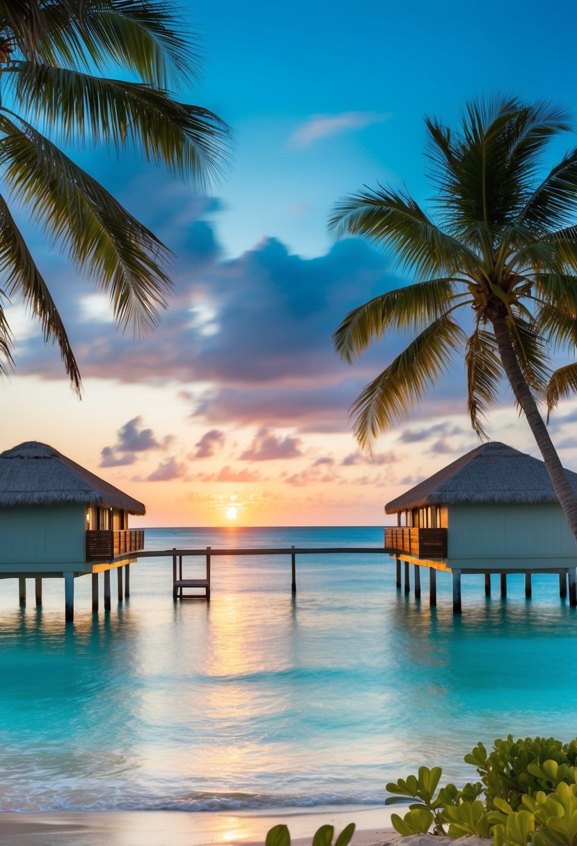 Tropical beach with overwater bungalows, palm trees, crystal-clear water, and a vibrant sunset over the horizon