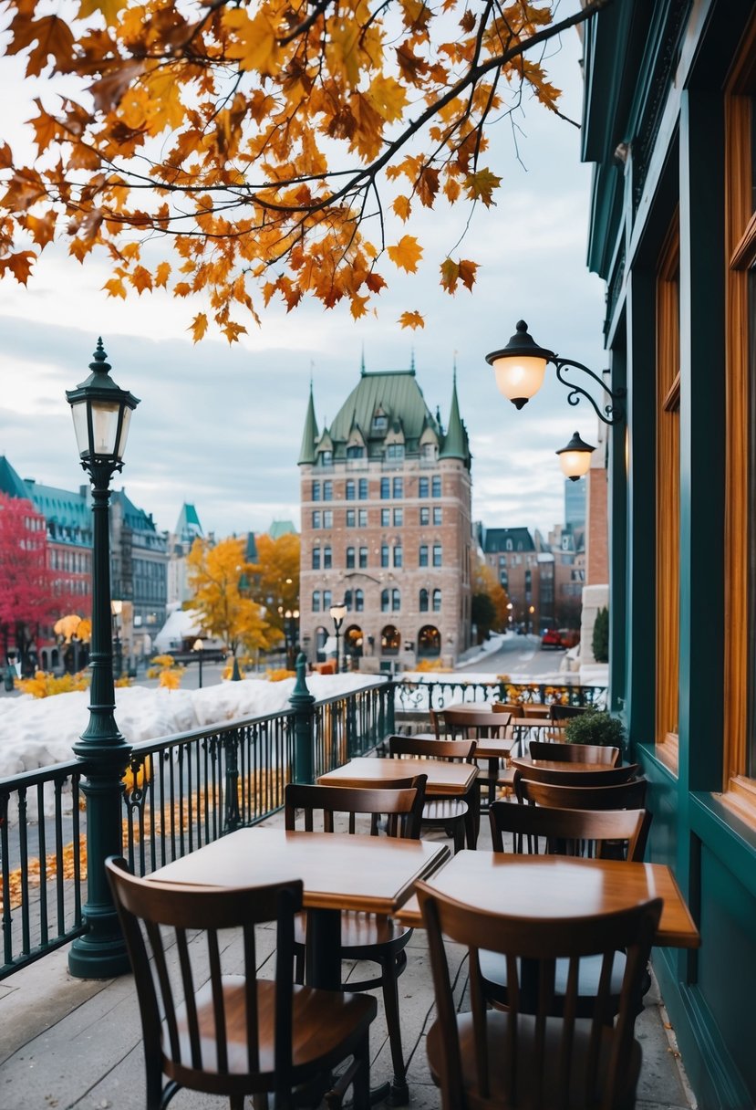A cozy cafe in Quebec City, with colorful leaves falling outside and a view of the historic architecture