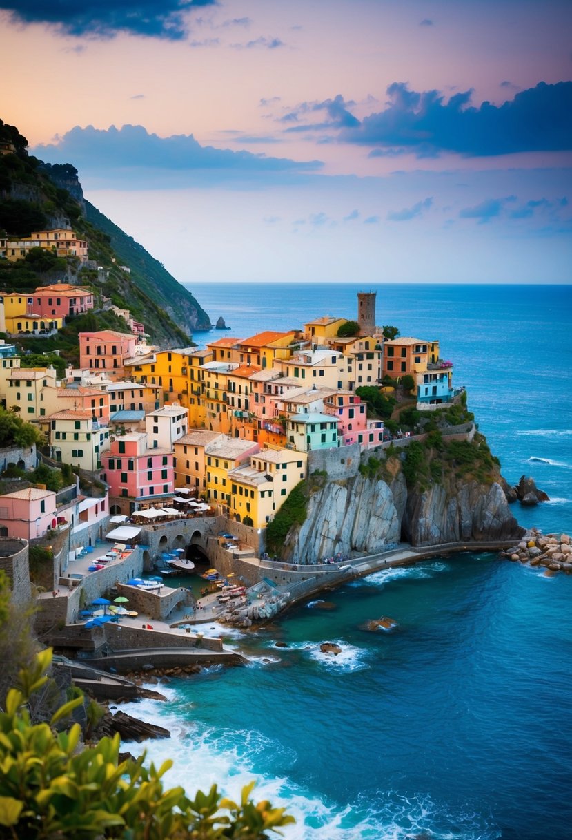 A picturesque coastal village in Cinque Terre, Italy, with colorful houses clinging to the cliffs, overlooking the azure waters of the Ligurian Sea