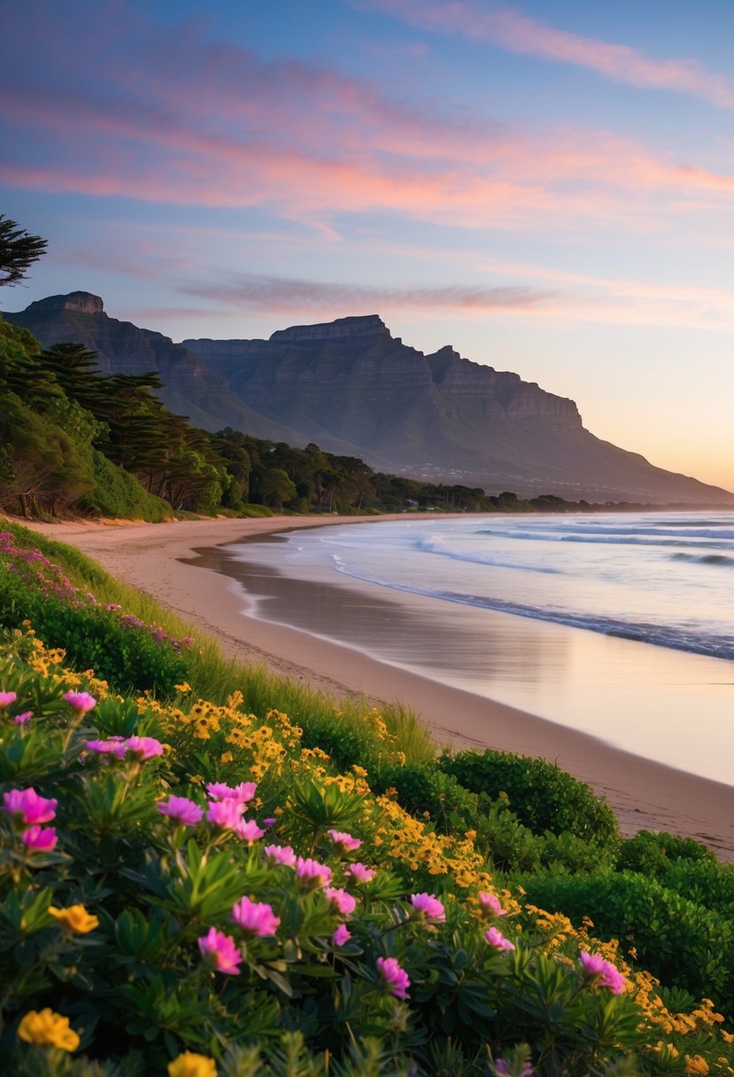 A serene beach at sunset with Table Mountain in the background, surrounded by lush greenery and colorful flowers