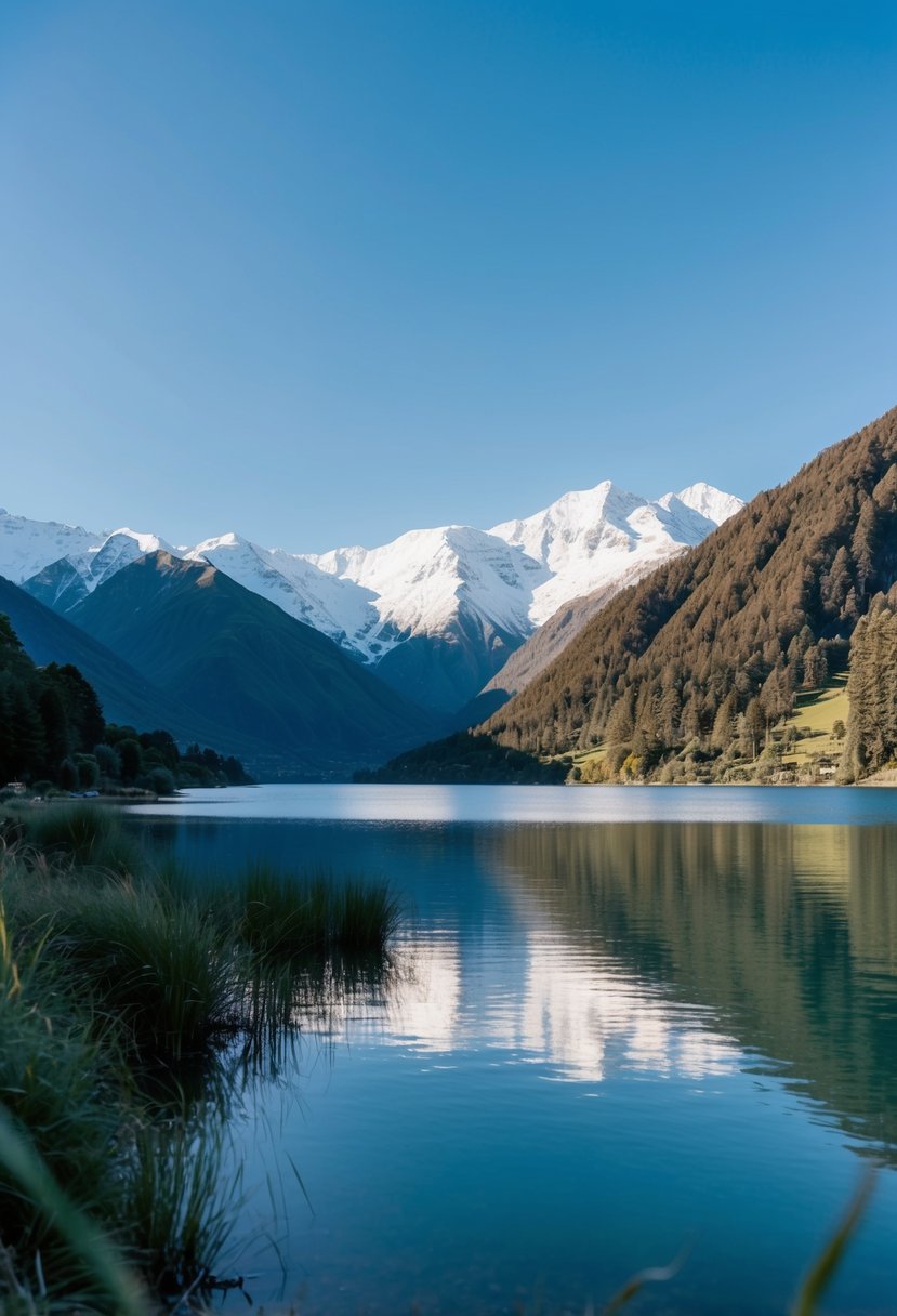 A serene lake surrounded by snow-capped mountains and lush greenery in Queenstown, New Zealand, with a clear blue sky and a gentle breeze in November