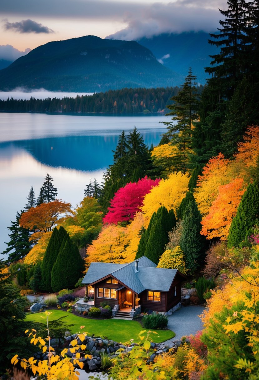 A cozy cabin nestled among vibrant autumn foliage on Vancouver Island, with a serene lake and misty mountains in the background