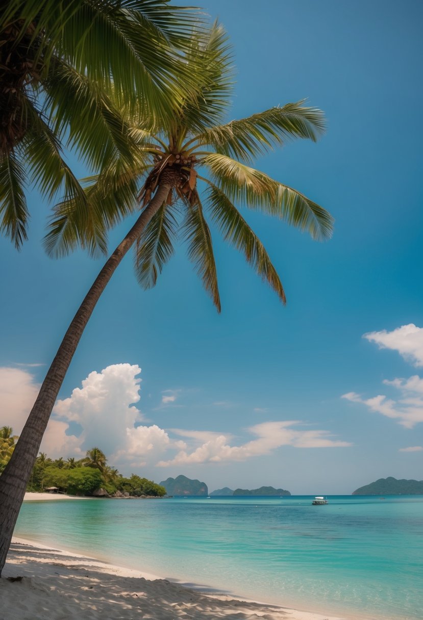 A tranquil beach with palm trees and crystal-clear waters on a sunny day in Phuket, Thailand