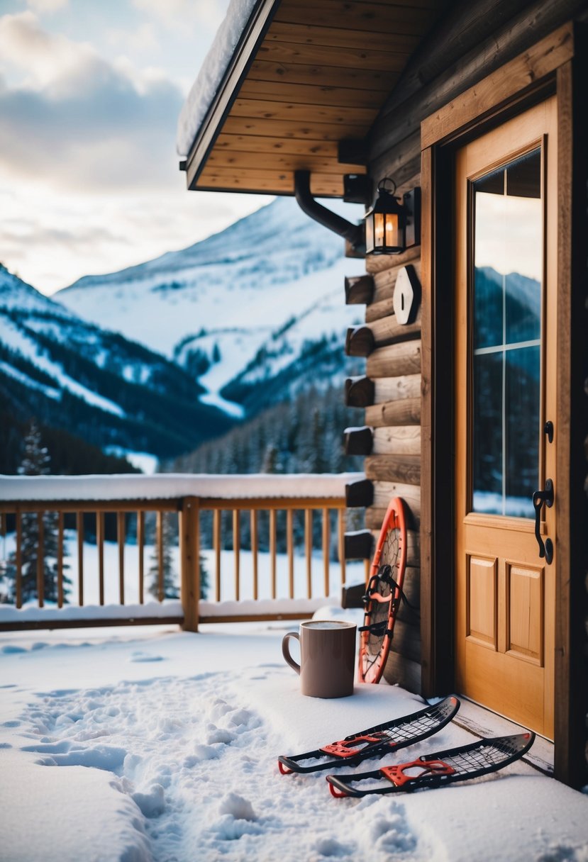 A cozy cabin nestled in the snow-covered mountains of Banff, Canada. A hot cup of cocoa sits on the porch, while a pair of snowshoes lean against the door