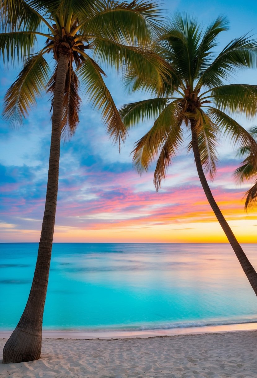 A serene beach with palm trees, crystal-clear turquoise water, and a colorful sunset over the horizon