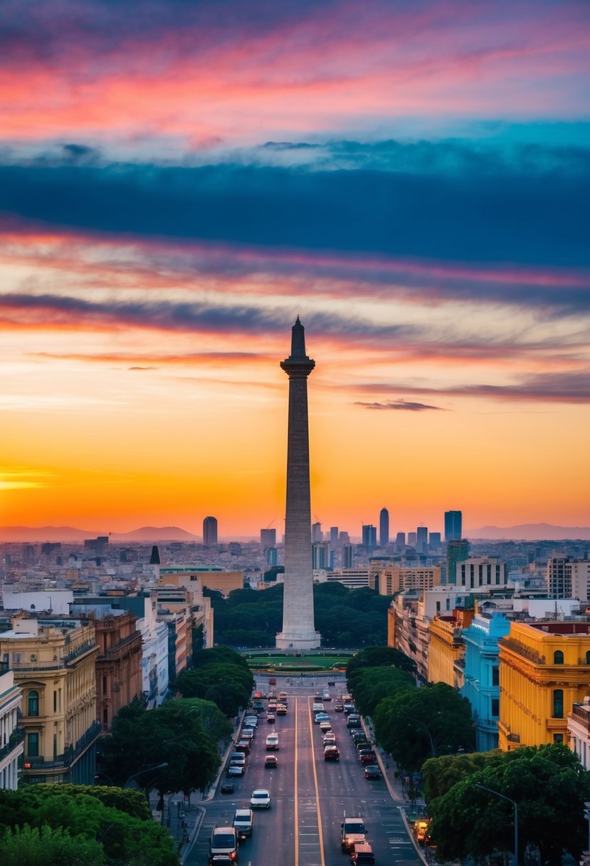 A romantic sunset over the Buenos Aires skyline, with the iconic Obelisco and colorful buildings lining the streets