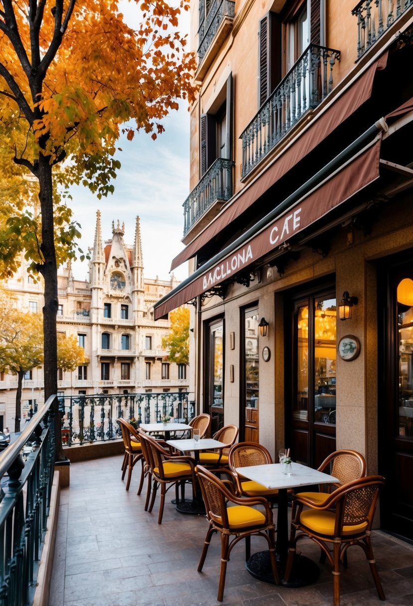 A cozy outdoor cafe in Barcelona, surrounded by colorful autumn foliage and a view of the city's historic architecture