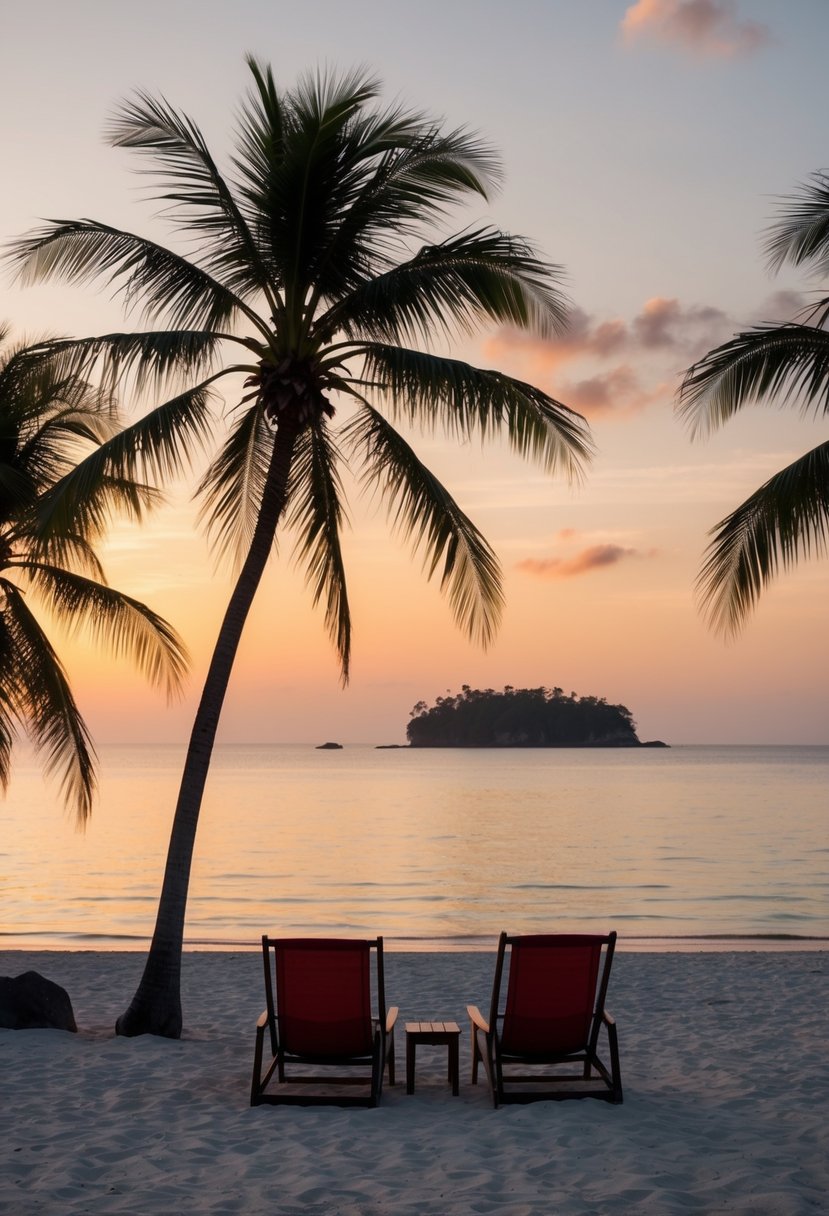 A serene beach at sunset, with palm trees and a couple of beach chairs facing the ocean. A small island in the distance completes the idyllic honeymoon setting