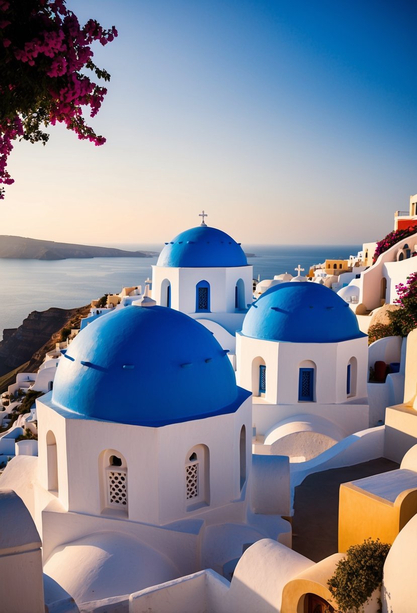 The iconic blue-domed churches overlooking the shimmering Aegean Sea against a backdrop of white-washed buildings and cascading bougainvillea in Santorini, Greece