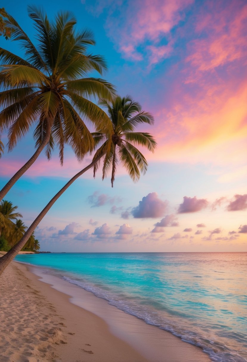 A tranquil beach at sunset, palm trees swaying in the warm breeze, clear turquoise waters lapping against the shore, and a colorful sky filled with hues of pink, orange, and purple