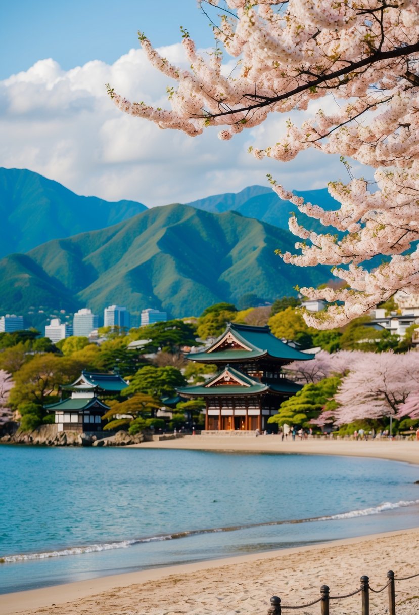 A serene beach with a backdrop of lush green mountains, traditional Japanese architecture, and cherry blossom trees in full bloom