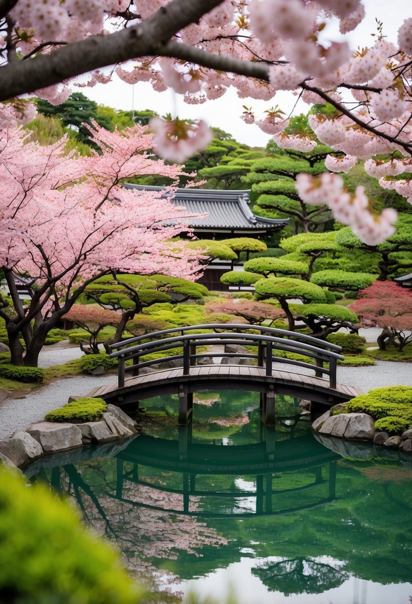 A serene traditional Japanese garden in Kyoto, with a wooden bridge over a tranquil pond and vibrant cherry blossom trees in full bloom