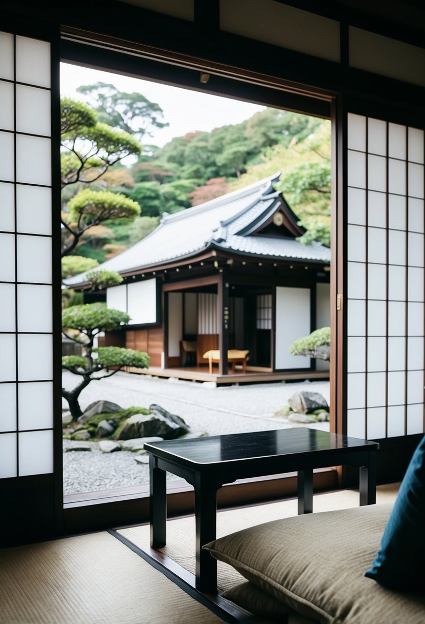 A traditional Japanese ryokan in Kyoto, with a serene garden, sliding paper doors, and a cozy tatami room for a honeymoon couple