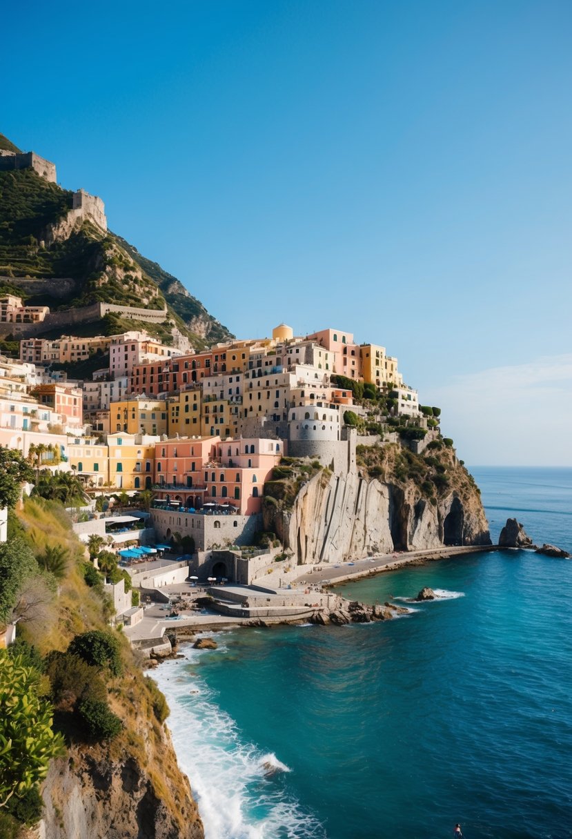 A cliffside villa overlooks the turquoise waters of the Amalfi Coast, with colorful buildings cascading down the steep hillsides and a clear blue sky above