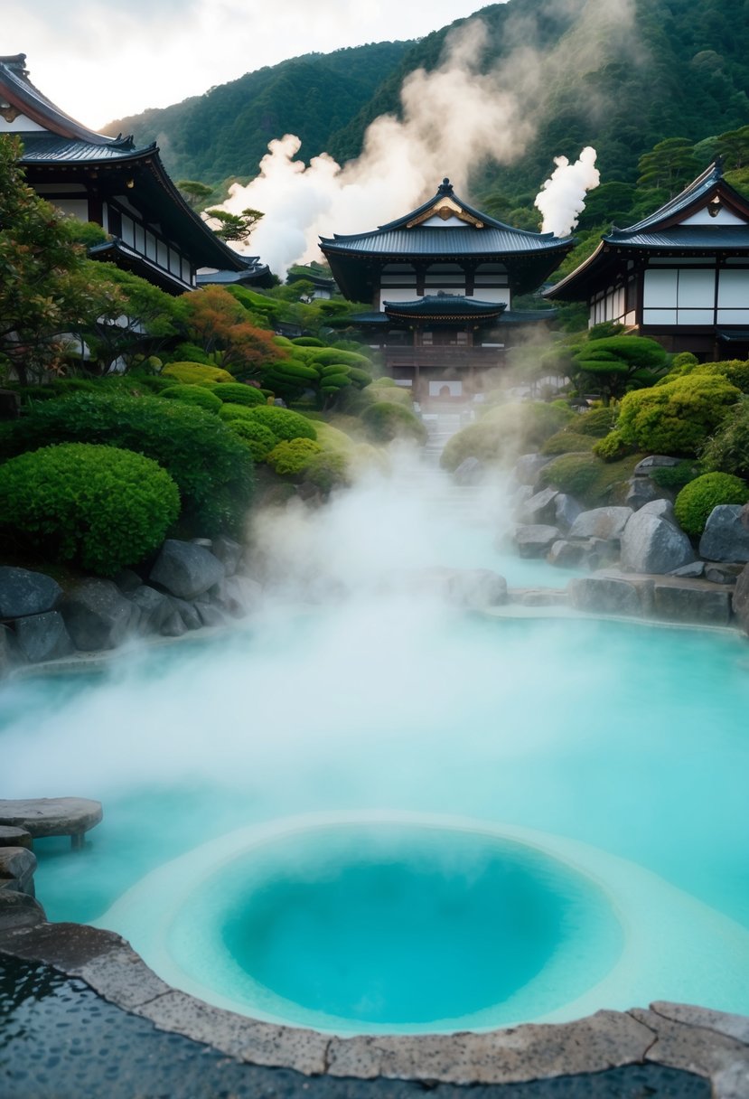 Steam rises from the tranquil hot springs nestled among lush greenery, with traditional Japanese buildings in the background